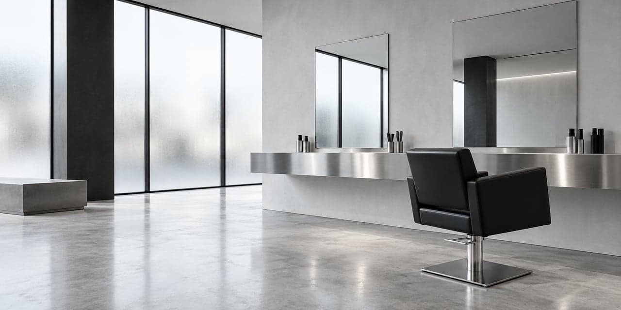 Illustrative Atelier Form salon with stainless steel, concrete, and a black styling chair