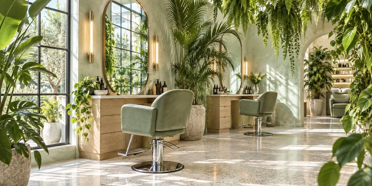 Illustrative salon interior with sage styling chairs and hanging greenery