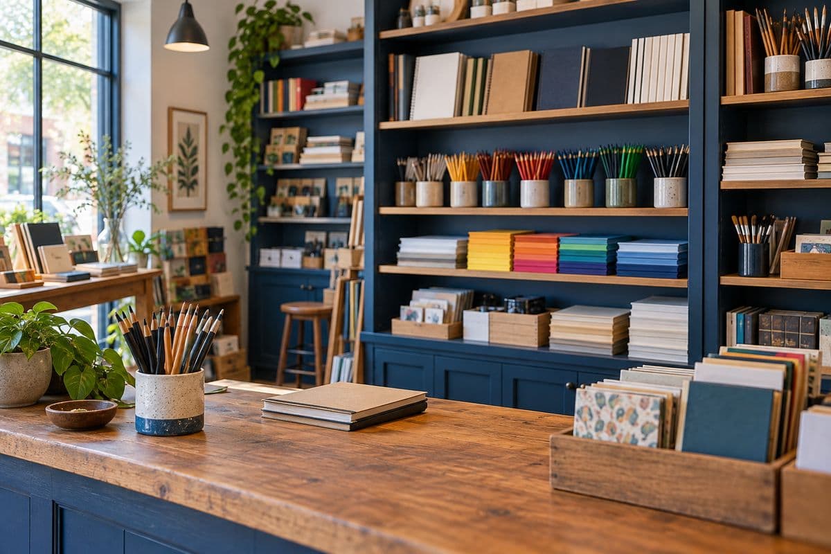 Illustrative Fieldnote Supply shop with ink-blue shelving, notebooks and drawing pencils