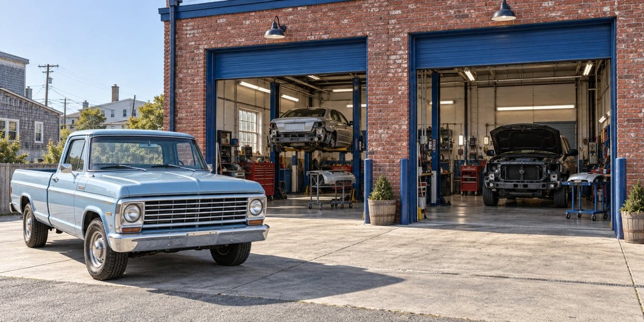 Illustrative auto body workshop with blue doors and a blue pickup truck