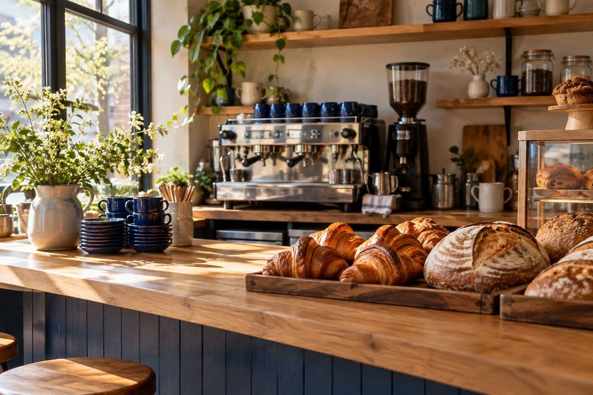 Illustrative Juniper Bakehouse counter with croissants, sourdough and cobalt coffee cups