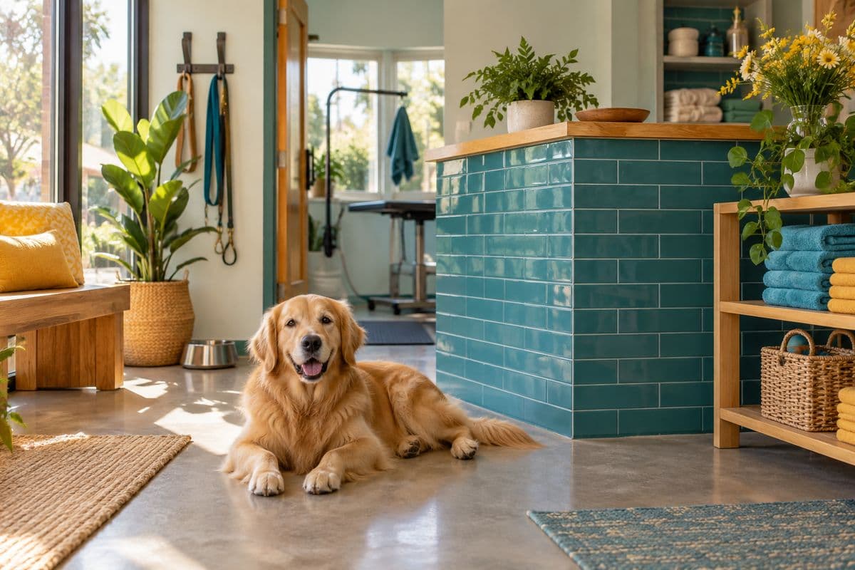 Illustrative Pawprint Social grooming and daycare reception with a dog, teal tiles and folded towels