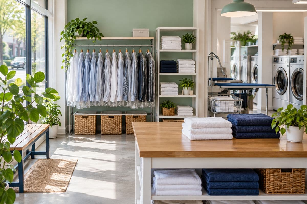 Illustrative Press & Fold counter with pressed shirts, folded towels and mint laundry machines