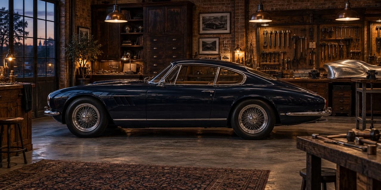 Illustrative Sterling Coachworks with a classic navy coupe, copper lamps, and hand tools