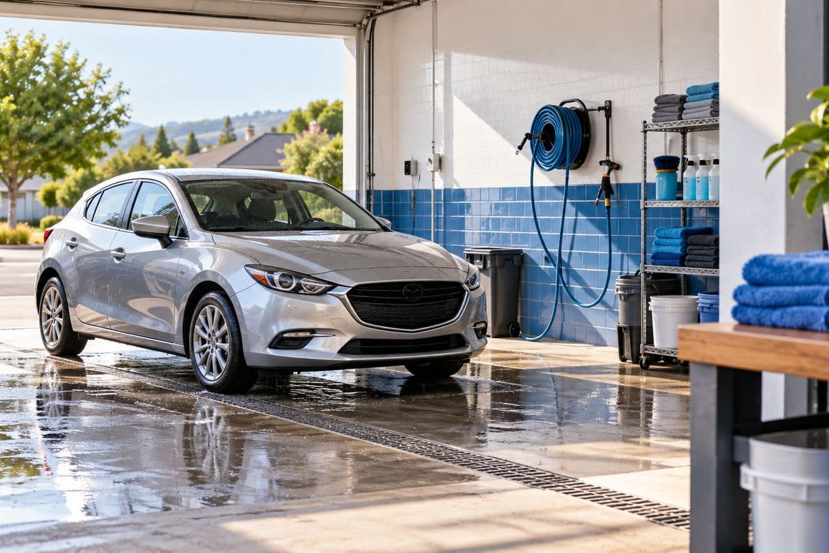 Illustrative Tideline Auto Spa hand-wash bay with a silver hatchback and blue tile
